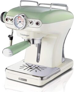 Ariete 1389 Macchina da Caffè Espresso in verde vintage, perfetta per caffè espresso con polvere e cialde ESE, con montalatte e 850 Watt di potenza.