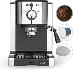 BEEM ESPRESSO-PERFECT macchina per espresso con pompa da 20 bar, compatibile con capsule, polvere e pads per un caffè perfetto a casa.