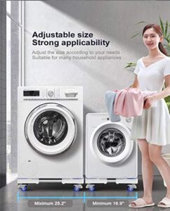 output2: Base universale mobile regolabile bianca con 4 piedi e 8 ruote, ideale per elettrodomestici come lavatrici e asciugatrici.