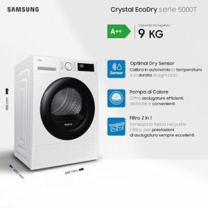 Samsung Asciugatrice Crystal EcoDry DV90CGC0A0AE/ET 9 Kg con Pompa di Calore, WiFi e Sensore Optimal Dry