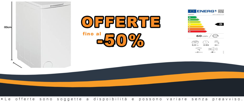 Lavatrice Indesit BTW L50300 IT/N con carica dall'alto, centrifuga 1000 giri e design compatto.