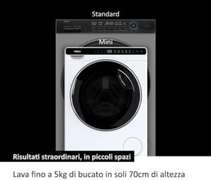 Haier Mini Drum Lavatrice Slim 5 Kg, modello HW50-BP12307, compatta e con tecnologia Smart AI, ideale per piccoli spazi