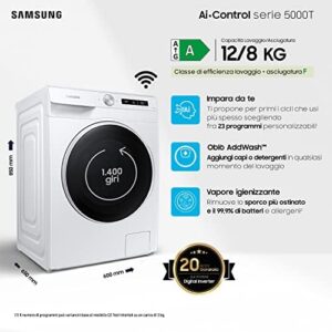 Samsung Lavasciuga Ai Control con Ecobubble, modello WD12T504DWW/S3, in azione, con tecnologia Ecobubble e Wi-Fi