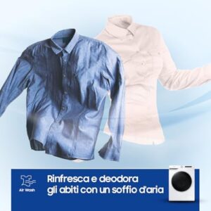 Samsung Lavasciuga Ai Control con Ecobubble, modello WD12T504DWW/S3, in azione, con tecnologia Ecobubble e Wi-Fi