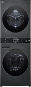 LG WashTower WT1210BBF, colonna bucato unificata nera con lavatrice 12 kg e asciugatrice 10 kg, design elegante e tecnologia avanzata.
