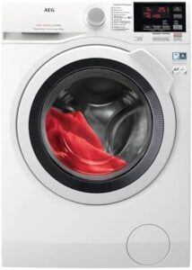 Lavasciuga AEG L7WBG856 in bianco, elegante e moderna, ideale per famiglie di medie dimensioni.