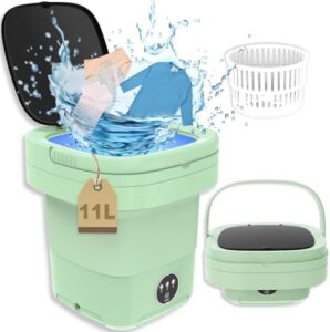 Mini lavatrice 11L pieghevole, ideale per lavare vestiti per bambini, biancheria intima e calze, con funzione asciugatrice integrata.