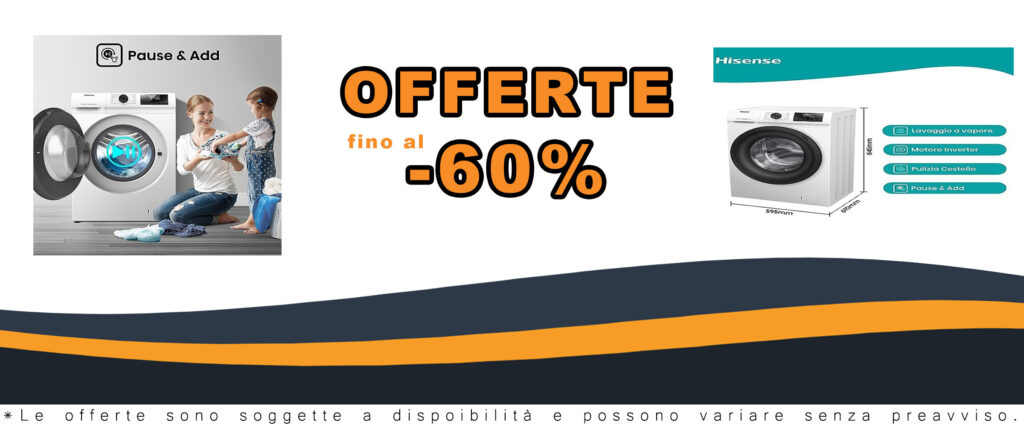Lavatrice Hisense WFQE9014EVJM con display LED, funzione vapore e 15 programmi di lavaggio.