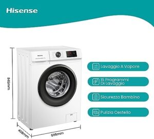 Hisense WFVB7012EM - Lavatrice a carica frontale da 7 kg con display LED e funzione vapore, ideale per ogni tipo di tessuto
