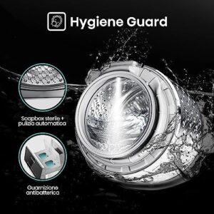 Lavatrice Hisense WF5S1045BW a carica frontale con 10,5 kg di capacità, 1400 rpm, e funzionalità avanzate come autodose, connettività e programma rapido.