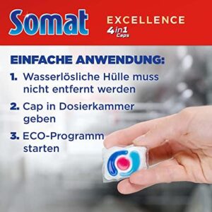 Somat Excellence 4 in 1 Caps per lavastoviglie, pastiglie per pulizia profonda e lucentezza, anche a basse temperature e nel programma Eco.