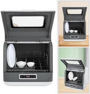 WOLEGM Mini lavastoviglie da tavolo bianca, perfetta per piccoli spazi e famiglie, con tubo dell'acqua per un facile utilizzo.