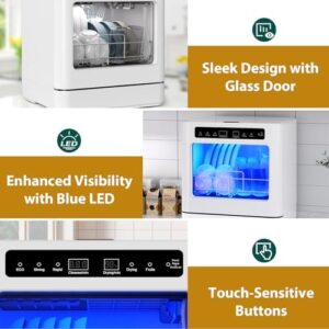 Lavastoviglie da Tavolo Compatta, Lavastoviglie Piccola con 5 Programmi, Mini Lavastoviglie con Controllo touch, Display a LED, Utilizzabile in Campeggio, Cucina, Ufficio, Bianco