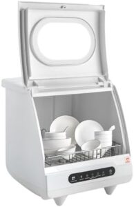 Lavastoviglie portatile con irrigatore rotante a 360°, ideale per piccoli spazi e uffici, con due modalità di lavaggio e cesto per posate.