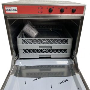 Lavastoviglie professionale con pompa di scarico cestello, 500x500mm Grigio, perfetta per ambienti commerciali con alte prestazioni e risparmio energetico.