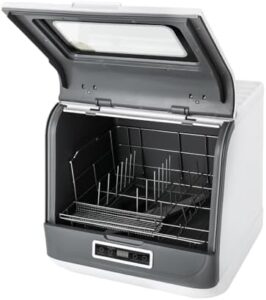 Mini lavastoviglie bianca con 3 modalità di pulizia, controllo touch e funzione di asciugatura, ideale per appartamenti e dormitori.