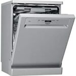 Lave-vaisselle HOTPOINT HFC3C26FX in grigio, vista laterale, elegante e moderna, perfetta per famiglie numerose con 14 coperti e 46dB di rumore.