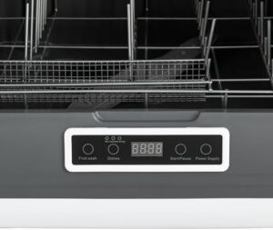 Mini lavastoviglie bianca da 800W, compatta e ideale per piccoli appartamenti, dormitori e camper. Con 3 programmi di lavaggio e spruzzo girevole a 360°.