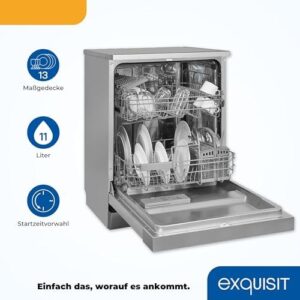 Lavastoviglie Exquisit GSP9313-030E in argento con capacità di 13 coperti e orario di inizio preimpostato.