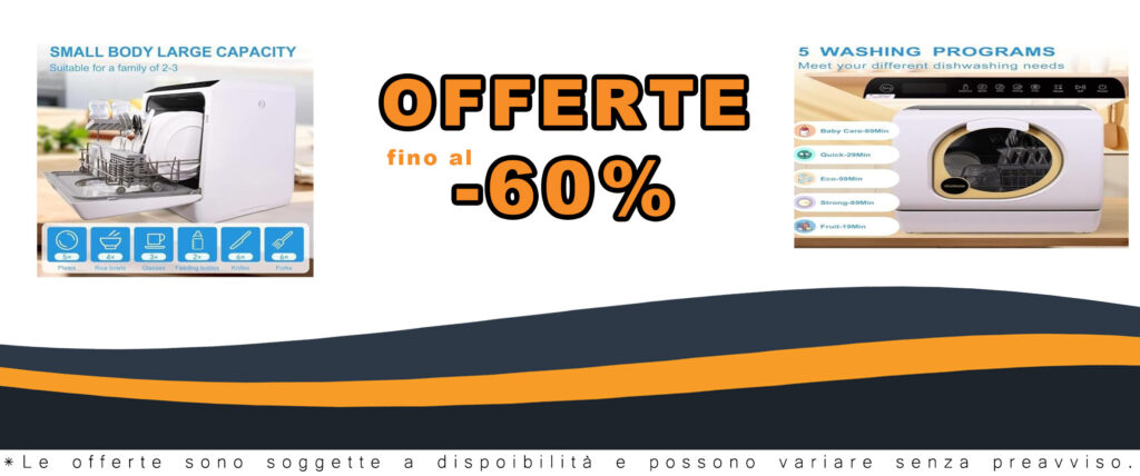 Lavastoviglie da appoggio con serbatoio acqua e 5 programmi di lavaggio, perfetta per appartamenti e uffici.