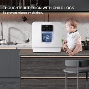 Lavastoviglie portatile da appoggio con serbatoio acqua, asciugatura a caldo e 4 programmi di lavaggio. Perfetta per spazi ridotti e sicurezza con blocco bambini.