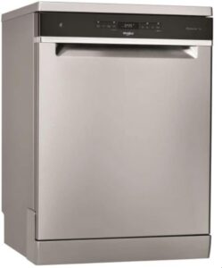 Lavastoviglie Whirlpool WFO3T233P6 Inox, vista frontale in acciaio inox con design moderno e capacità di 14 coperti