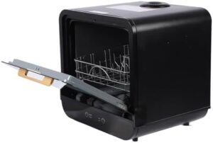 Mini lavastoviglie compatta con asciugatura automatica ad aria calda, ideale per spazi piccoli come appartamenti e dormitori.