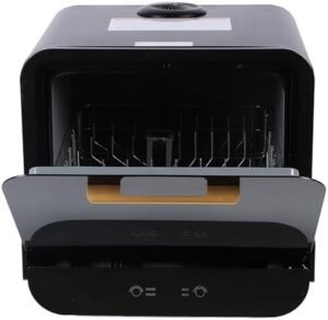 Mini lavastoviglie portatile con asciugatura automatica, perfetta per appartamenti e spazi ridotti.