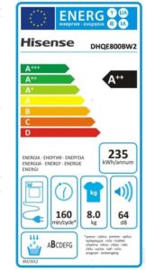 Hisense DHQE800BW2 Asciugatrice A Pompa Di Calore con oblò nero e display grande