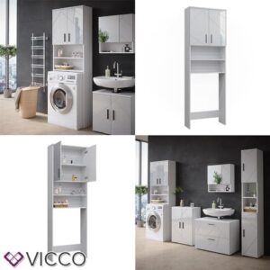 Mobiletto per lavatrice Vicco Irma in bianco lucido, perfetto per ottimizzare lo spazio nella lavanderia o in bagno.