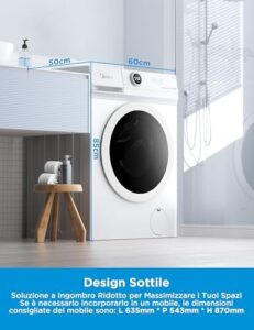 Midea MF10EW90B Lavatrice Slim Carica Frontale, 9 kg, 1400 giri, classe A, motore BLDC, funzione vapore, programma rapido