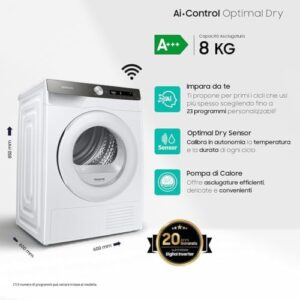 Samsung Asciugatrice Ai Control con Pompa di Calore, WiFi e Sensore Optimal Dry, un modello ad alta efficienza energetica.