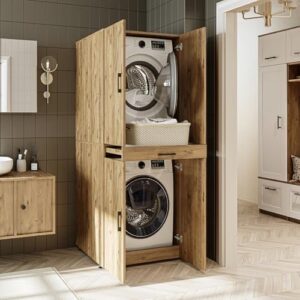 Armadietto per lavatrice e asciugatrice ROOMART Dora con ante e tavola estraibile in legno di quercia, disponibile in 4 colori.
