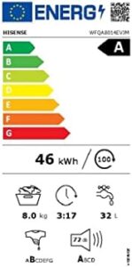 Lavatrice Hisense WFQA8014EVJM con funzione di vapore, 8 kg di capacità, AquaStop e 1400 giri al minuto.