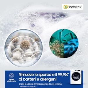 Samsung Lavatrice Slim AddWash™ WW8NK52E0VW/ET in funzione, mostrando la sua capacità e funzionalità avanzate come la tecnologia vapore e AddWash™