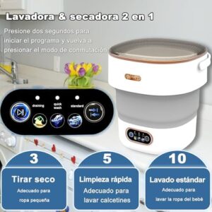 Mini lavatrice portatile con centrifuga grigia, ideale per campeggio e viaggi, perfetta per bucato veloce e pratico.