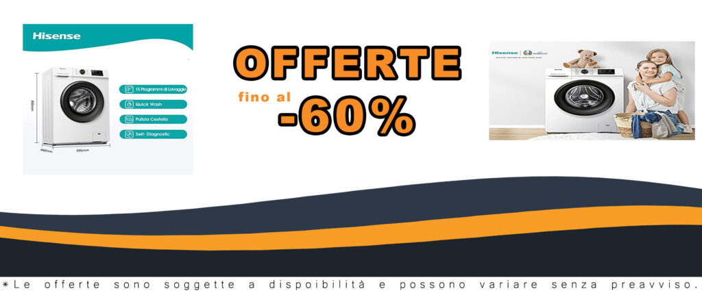 Immagine della lavatrice Hisense WFVC6010E, modello a carica frontale, 6 kg di capacità, 1000 rpm, con display LED.
