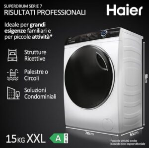 Haier I-Pro Series 7 Plus HW150-BP14986E Lavatrice 15 kg con Motore Inverter BPM, Cestello XXL Illuminato e Classe Energetica A