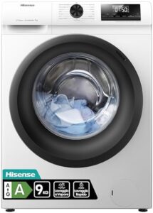 Lavatrice Hisense WFQE9014EVJM, modello a carica frontale con 9 kg di capacità, 1400 rpm, e 15 programmi di lavaggio