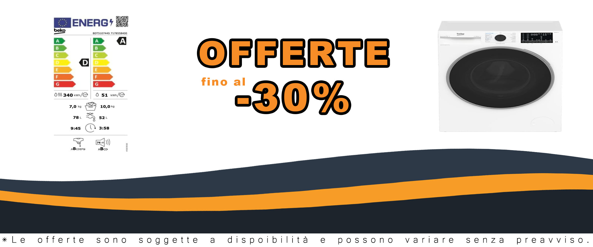 Lavasciuga Beko BDT510744S con display touch, motore inverter e funzione a vapore, perfetta per famiglie numerose.