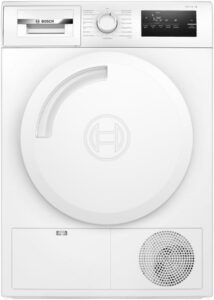Asciugatrice Bosch Serie 4 WTN83203, modello bianco con caricamento frontale e capacità di 8 kg, ideale per famiglie di medie dimensioni.
