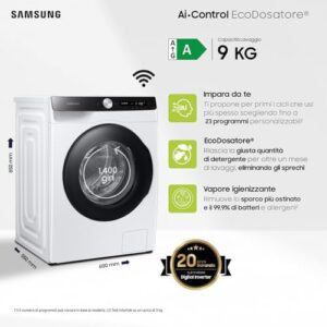 Samsung Lavatrice AI control Ecodosatore WW90T534DAE/S3, 9 Kg, 1400 RPM, Vapore, Ecodosatore, Libera installazione