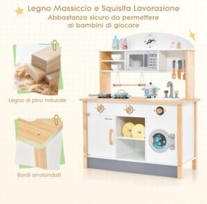COSTWAY Cucina Giocattolo per Bambini in Legno con Lavatrice, Forno, Microonde, Lavello e Rubinetto, ideale per bambini dai 3 anni in su