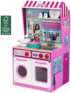 Cucina in legno con casa delle bambole integrata Barbie, 2 in 1, con piano cottura, lavatrice e accessori.