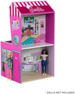 Cucina in legno con casa delle bambole integrata Barbie, 2 in 1, con piano cottura, lavatrice e accessori.