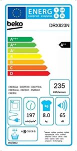 Asciugatrice Beko DRX823N con display digitale e design elegante, 8 kg di capacità e classe energetica A++