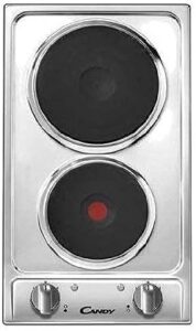 Piastra elettrica Candy CDE32/1X in acciaio inox con due zone cottura, ideale per cucine compatte.