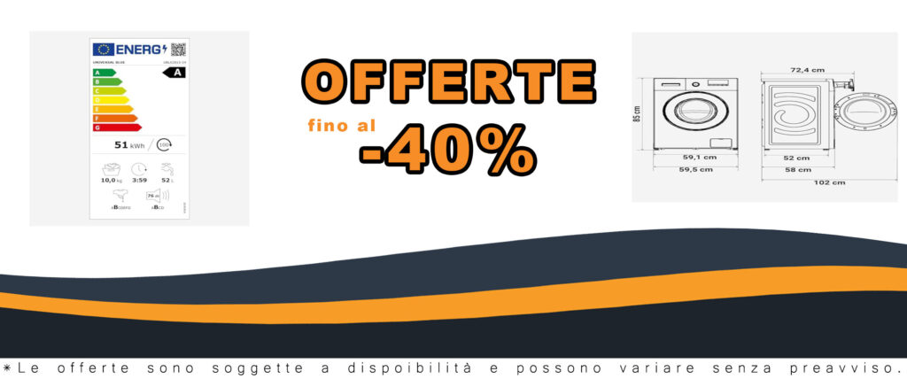 Lavatrice UNIVERSALBLUE da 10 kg con display motore inverter silenzioso, adatta per carichi grandi e risparmio energetico.