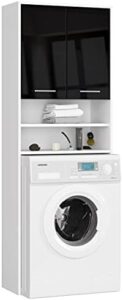 Colonna da bagno AKORD per lavatrice da incasso, mobile alto con ante e ripiani, bianco/nero lucido