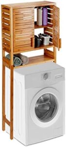 Relaxdays Mobile per Lavatrice in Bambù, Autoportante, Ante in Lamelle, 3 Ripiani, Mobiletto Sopra WC, HLP 164 x 66 x 26 cm, Marrone Chiaro